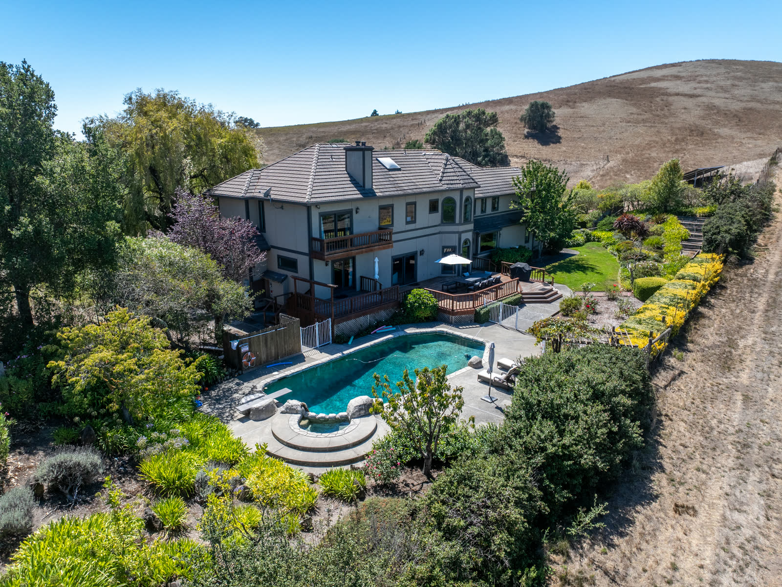 The house, pool and gardens from the air